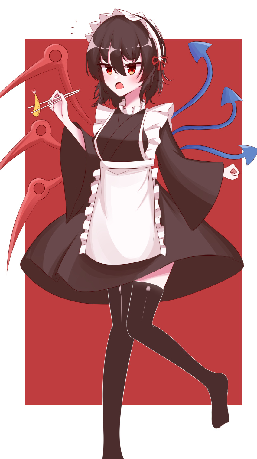 1girl absurdres alternate_costume apron asymmetrical_wings bangs black_dress black_hair black_hairband black_thighhighs blue_wings blush breasts chopsticks commentary_request d: dress enmaided food frilled_apron frills full_body hair_between_eyes hair_ribbon hairband highres holding holding_chopsticks houjuu_nue looking_at_viewer maid maid_apron maid_headdress medium_breasts no_shoes notice_lines open_mouth red_background red_eyes red_ribbon red_wings ribbon shen_bi_ren_(user_rjgy2824) short_hair shrimp shrimp_tempura solo tempura thighhighs touhou two-tone_background wa_maid white_apron white_background wings