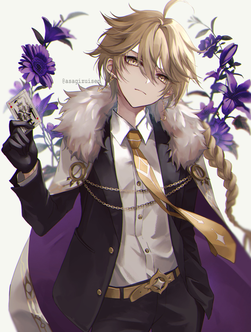 1boy aether_(genshin_impact) ahoge alternate_costume artist_name asagizuisen bangs belt black_gloves black_jacket black_pants blonde_hair braid brown_necktie buttons card chain cloak closed_mouth collared_jacket collared_shirt commentary_request crescent crescent_earrings earrings floral_background flower genshin_impact gloves gold_chain gold_earrings grey_cloak hair_between_eyes hand_in_pocket hand_up highres holding holding_card hood hooded_cloak jacket jewelry leaf long_hair long_sleeves looking_at_viewer male_focus necktie open_clothes open_jacket pants pocket purple_cloak purple_flower shirt solo two-tone_cloak v-shaped_eyebrows white_background white_shirt yellow_belt yellow_eyes