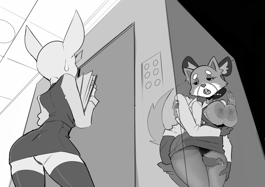 2020 absurd_res against_surface against_wall aggressive_retsuko ailurid animal_genitalia animal_penis anthro anthro_on_anthro areola arm_grab big_areola big_breasts big_nipples black_sclera bodily_fluids bottomwear bottomwear_down breasts canid canine cheek_tuft clothed clothed_sex clothing digital_media_(artwork) dress_shirt dutch_angle ear_tuft elevator eyebrows eyelashes facial_tuft female fennec fenneko fishnet fishnet_legwear folder fox from_behind_position fur fur_tuft genital_fluids genitals glistening glistening_clothing glistening_eyes glistening_legwear glistening_thigh_highs greyscale group haida half-closed_eyes hand_on_wall hi_res holding_folder holding_object huge_areola hyaenid inner_ear_fluff inside leg_grab legwear looking_pleasured male male/female mammal monochrome multicolored_body multicolored_fur narrowed_eyes nipples open_mouth panties pants pants_down partially_clothed penis precum prick_ears red_panda retsuko sanrio sex sharp_teeth shirt spotted_hyena standing standing_sex sweat sweatdrop sweaty_breasts teeth thesquidycipher thick_eyebrows thick_thighs thigh_grab thigh_highs thigh_sex tongue topwear translucent trio tuft two_tone_body two_tone_fur underwear upskirt vest white_eyebrows wide_hips