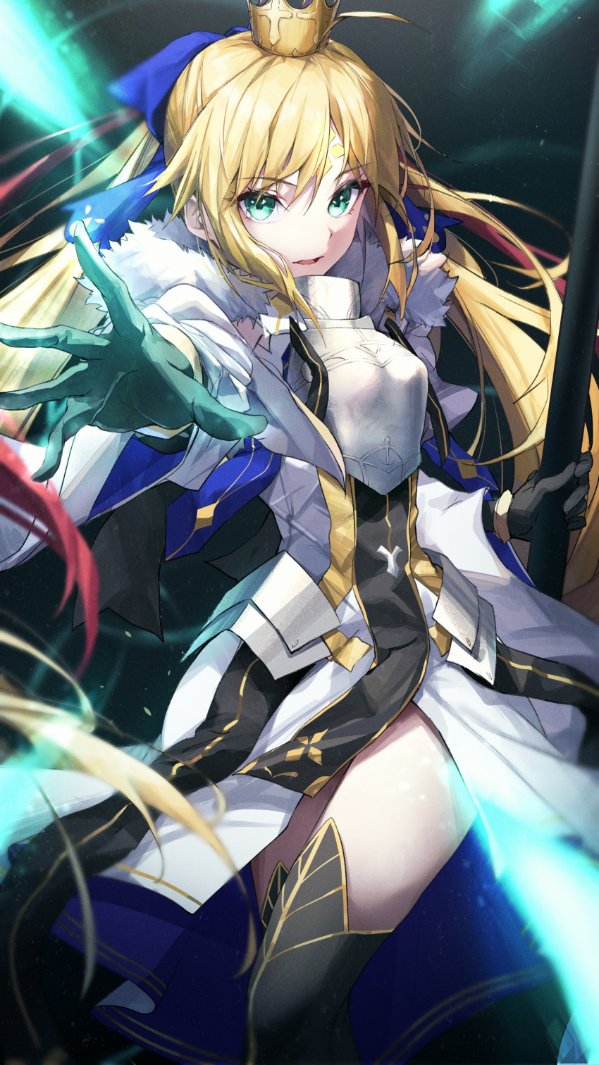 1girl absurdres ahoge armor armored_dress artoria_caster_(fate) artoria_caster_(third_ascension)_(fate) artoria_pendragon_(fate) bangs black_gloves blonde_hair blue_ribbon blush breastplate breasts capelet crown dress facial_mark fate/grand_order fate_(series) faulds forehead_mark fur-trimmed_capelet fur_trim gloves green_eyes hair_ribbon herigaru_(fvgyvr000) highres long_hair long_sleeves looking_at_viewer open_mouth outstretched_arm ribbon small_breasts solo staff thighs twintails white_capelet white_dress