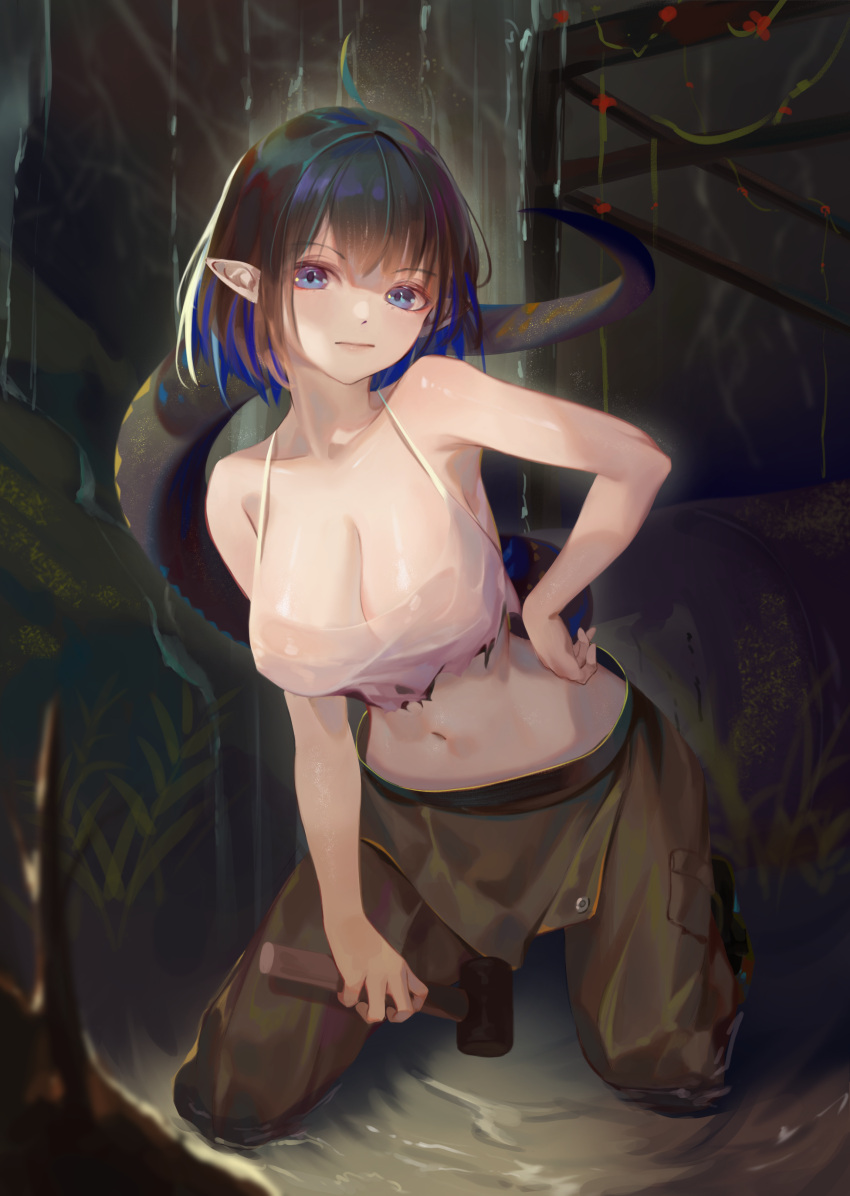 1girl absurdres ahoge arknights bare_shoulders black_hair blue_eyes blue_hair breasts camisole cleavage closed_mouth collarbone colored_inner_hair covered_nipples crop_top eunectes_(arknights) eunectes_(forgemaster)_(arknights) hammer hand_on_hip highres kneeling large_breasts leaning_forward light_frown looking_at_viewer medium_hair midriff multicolored_hair navel nekobell official_alternate_costume pants pointy_ears shiny shiny_skin shirt snake_tail solo tail torn_clothes torn_shirt wet white_shirt