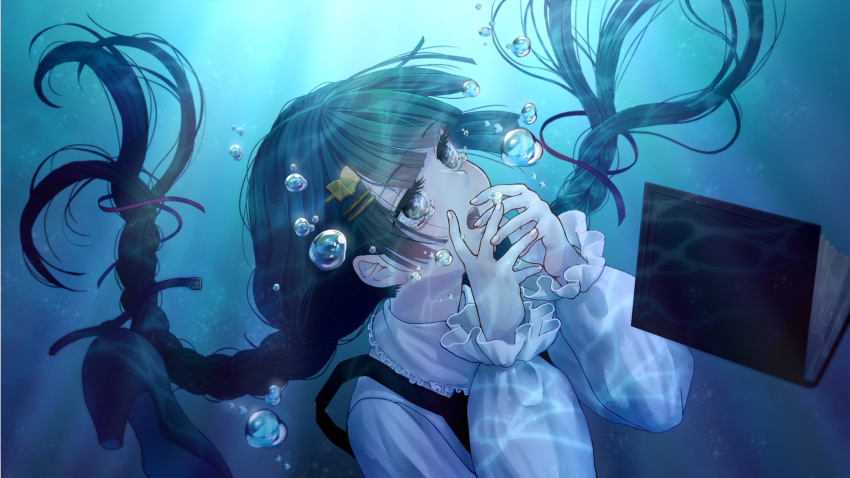 1girl :o air_bubble artist_request asphyxiation book book_hair_ornament braid bubble crying drowning error grey_eyes hair_ornament hairclip highres indie_virtual_youtuber long_sleeves puffy_long_sleeves puffy_sleeves second-party_source shoe_removed solo twin_braids underwater upper_body yomiyama_humino