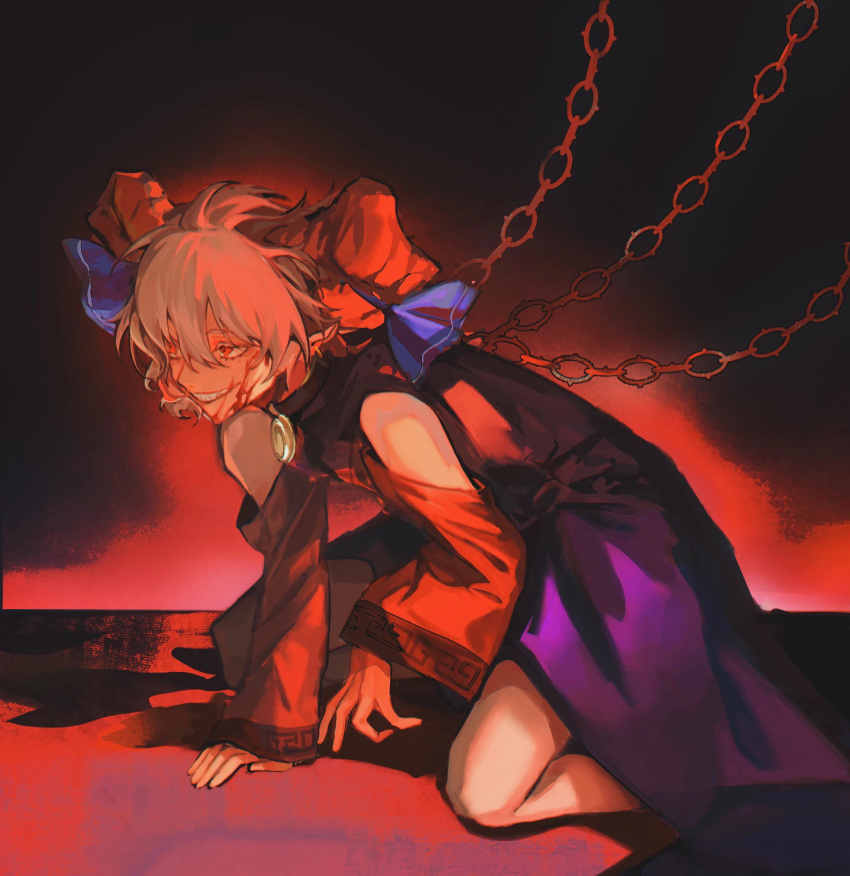 1girl ahoge arm_support bangs bare_shoulders black_background blood blood_on_face blue_ribbon chain chained colored_eyelashes commentary dark_background detached_sleeves dress from_side grey_hair grin hair_between_eyes highres horn_ornament horn_ribbon horns kneeling long_sleeves messy_hair on_floor pointy_ears purple_dress red_background red_eyes red_horns red_sleeves ribbon sharp_teeth short_hair sitting smile solo teeth tokinhr touhou toutetsu_yuuma wide_sleeves
