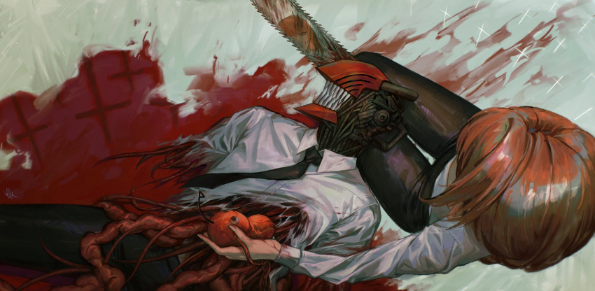 1boy 1girl black_necktie black_pants blood blood_on_clothes blood_on_weapon chainsaw chainsaw_man cross denji_(chainsaw_man) dismemberment facing_to_the_side from_above guro heart_(organ) highres hybrid intestines kgynh lap_pillow looking_at_another looking_down makima_(chainsaw_man) medium_hair necktie no_eyes organs pants pochita_(chainsaw_man) puddle_of_blood red_hair reflection reflective_water sharp_teeth teeth tombstone weapon