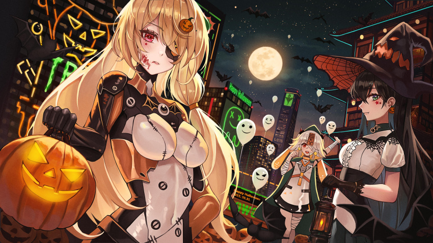 3girls :d absurdres aqua_eyes balloon bandage_over_one_eye bandaged_arm bandaged_leg bandages bat_(animal) black_gloves blonde_hair blood blood_on_face blush bodysuit breasts city covered_navel english_text eyepatch fang fang_out full_moon gloves grey_hair hair_ornament hand_on_hip hat highres jack-o'-lantern lantern lin_(tower_of_fantasy) long_hair moon multiple_girls nemesis_(tower_of_fantasy) parted_lips poise red_eyes ruby_(tower_of_fantasy) sky smile star_(sky) starry_sky talisman tower_of_fantasy witch_hat