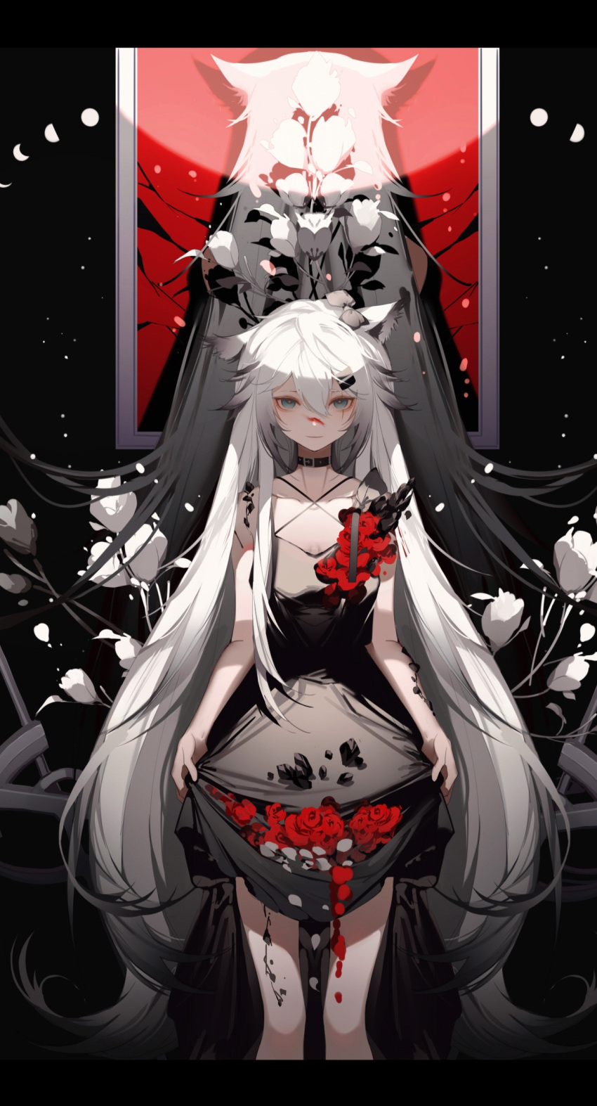 1girl alternate_costume animal_ears arknights belt_buckle black_choker black_dress blood blood_on_face blue_eyes bow buckle chinese_commentary choker closed_mouth collarbone commentary_request dress feet_out_of_frame flower gradient_hair grey_bow grey_hair hair_between_eyes hair_bow highres lappland_(arknights) light_smile long_hair looking_at_viewer moon_phases multicolored_hair muyekikikikikikikiya originium_(arknights) oripathy_lesion_(arknights) painting_(object) planted planted_sword red_flower red_rose rose scar scar_across_eye skirt_basket skirt_hold solo sword very_long_hair weapon white_flower white_hair wolf_ears
