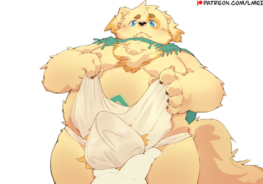 anthro asian_clothing ball_grab balls belly bird_dog blue_eyes canid canine canis clothed clothing cu_sith_(tas) disembodied_hand domestic_dog duo east_asian_clothing erection erection_under_clothing floppy_ears fluffy_chest fundoshi genitals golden_retriever hi_res hunting_dog japanese_clothing lifewonders male mammal nipples overweight retriever scarf simple_background text tokyo_afterschool_summoners underwear url video_games white_background yimingsama