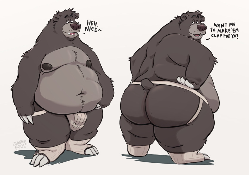 anthro arm_tuft atwistedfool baloo belly belly_grab belly_overhang belly_tuft big_belly big_bulge big_butt big_moobs black_bear black_body black_fur bulge butt clothing dialogue fluffy_chest footwear footwear_only from_behind_position from_front_position fur grey_body grey_fur head_tuft hi_res looking_away looking_back looking_down looking_pleasured male mammal mature_male moobs mostly_nude navel neck_tuft nipples obese obese_anthro obese_male overweight overweight_anthro overweight_male pinup pose presenting presenting_hindquarters raised_tail rear_view sex sexy_eyes showing_belly showing_rear smile socks socks_only solo speech_bubble talking_to_another talking_to_self the_jungle_book thick_thighs toony tuft underwear ursid ursine