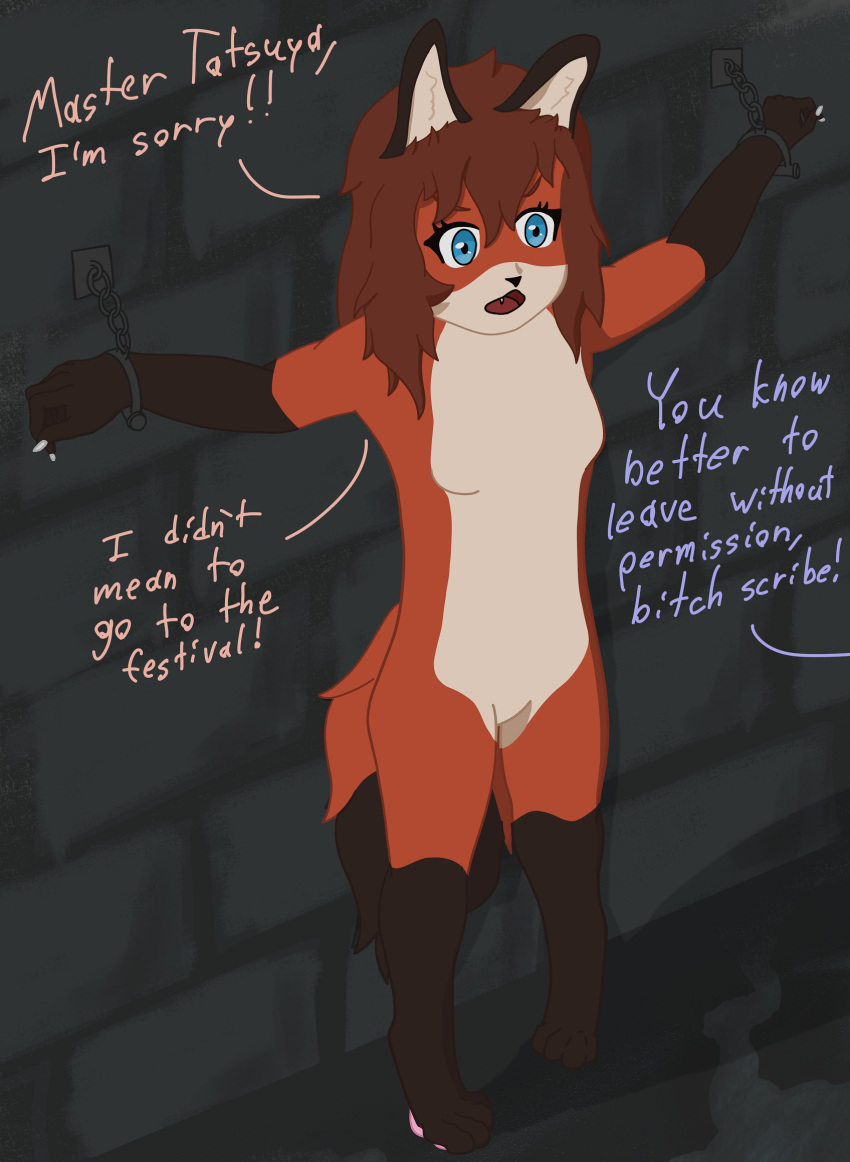 anthro bdsm blue_eyes blue_outfit bondage bound brown_hair canid canine chain chained cuff_(restraint) dungeon english_text female fox fur hair hi_res lleoraum mammal nude orange_body orange_fur red_fox restraints shackles solo standing text white_body white_fur yuiyue_(lleoraum)