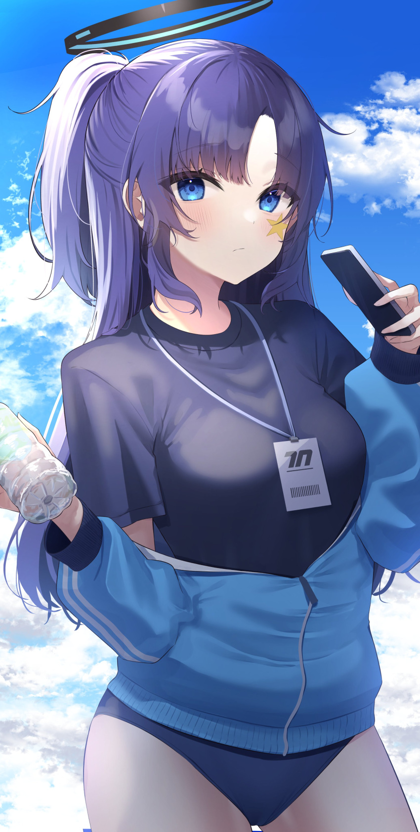 1girl absurdres bangs black_hair blue_archive blue_eyes blue_sky bottle buruma cellphone cloud cloudy_sky commentary_request dual_wielding facial_tattoo gym_shirt hair_between_eyes halo highres holding holding_bottle holding_phone id_card jacket long_hair long_sleeves looking_at_viewer official_alternate_costume parted_bangs phone plastic_bottle ponytail shirt sidelocks sky smartphone solo tattoo track_jacket yuteke_key yuuka_(blue_archive) yuuka_(gym_uniform)_(blue_archive) zipper