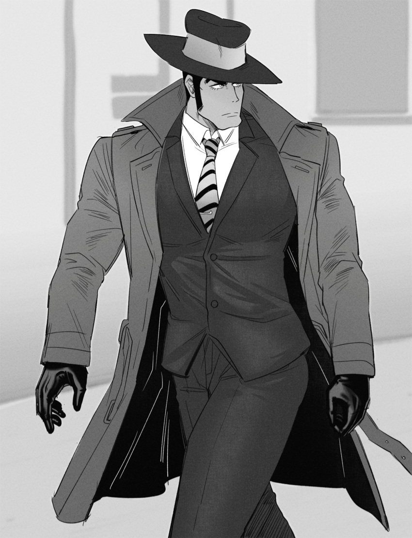 1boy arsene_lupin_iii chin coat collared_coat feet_out_of_frame gloves hat highres kon_likes_corn long_sideburns looking_at_another lupin_iii male_focus manly mature_male monochrome muscular muscular_male necktie open_clothes open_coat pants pectorals shirt sideburns simple_background solo walking