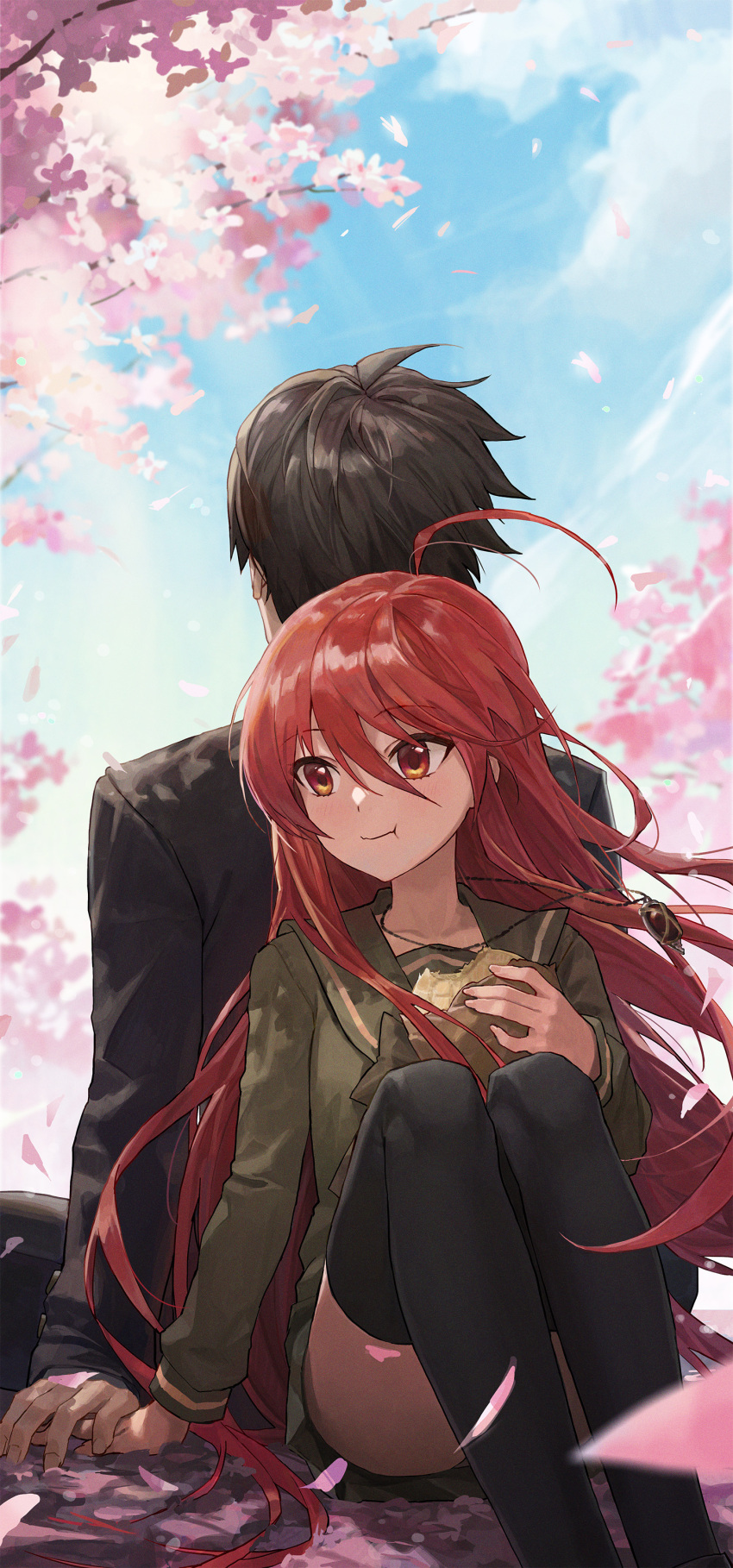 1boy 1girl :t absurdres ahoge alastor_(shakugan_no_shana) back-to-back black_hair black_jacket black_pants black_thighhighs blue_sky blurry blush bow bowtie branch bread cherry_blossoms cloud day depth_of_field eating falling_petals food gakuran green_bow green_bowtie green_serafuku green_skirt hair_between_eyes hetero highres holding holding_food jacket jewelry knees_up long_hair long_sleeves looking_to_the_side melon_bread misaki_high_school_uniform outdoors pants pendant petals red_hair sailor_collar sakai_yuuji school_uniform serafuku shakugan_no_shana shana shiny shiny_hair sitting skirt sky thighhighs tree yinrain0023