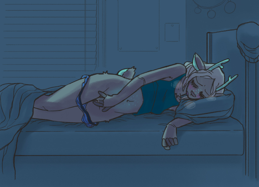 anthro bed bedding blanket blonde_hair blue_clothing blue_panties blue_underwear blueregardtwo blush blush_lines bodily_fluids brown_body brown_fur cervid clothed clothing elaine_(blueregardtwo) eyelashes eyes_closed female fur furniture genital_fluids green_clothing green_topwear hair hi_res horn lying mammal masturbation navel on_side panties panties_down partially_clothed pillow pussy_juice short_hair sleeping solo steam tan_body tan_fur thick_thighs topwear underwear underwear_down wide_hips