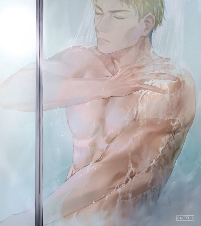 1boy blonde_hair closed_eyes english_commentary highres jujutsu_kaisen male_focus muscular muscular_male nanami_kento oretsuu short_hair showering soap solo topless_male upper_body wet wet_hair