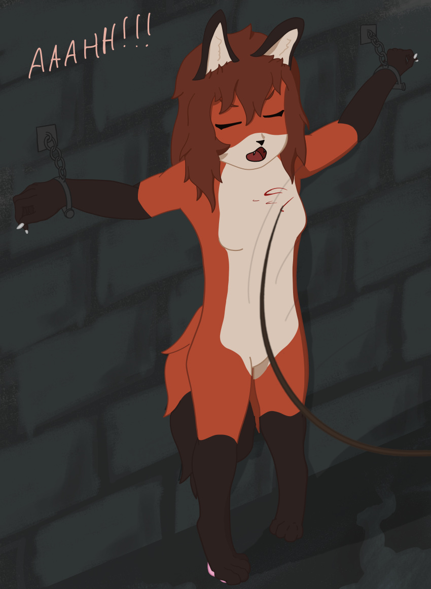 absurd_res anthro bdsm blood blood_splatter blue_eyes blue_outfit bodily_fluids bondage bound brown_hair canid canine chain chained cuff_(restraint) dungeon female fox fur hair hi_res mammal nude orange_body orange_fur red_fox restraints shackles solo standing whip whipping white_body white_fur yuiyue_(lleoraum)