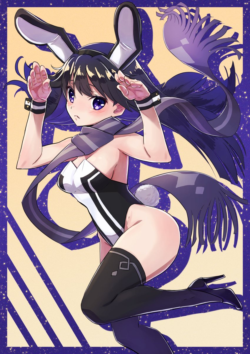 1girl absurdres adapted_costume animal_ears black_hair black_thighhighs breasts bunny_pose cleavage commentary_request cowboy_shot hasegawa_(hase_popopo) highres kuroki_rei leotard long_hair medium_breasts playboy_bunny print_scarf purple_eyes purple_scarf rabbit_ears rabbit_tail scarf solo strapless strapless_leotard tail thighhighs two-tone_leotard vividred_operation wrist_cuffs