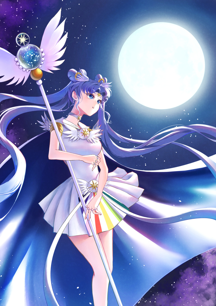 1girl absurdres bishoujo_senshi_sailor_moon brooch choker double_bun eternal_tiare facial_mark forehead_mark full_moon hair_bun heart_hair_bun highres jewelry long_hair mismick moon rainbow_order sailor_collar sailor_cosmos sailor_senshi_uniform solo staff star_(symbol) star_facial_mark triple_horizontal_stripe tsukino_usagi twintails waist_brooch white_choker white_sailor_collar wing_brooch winged_wand