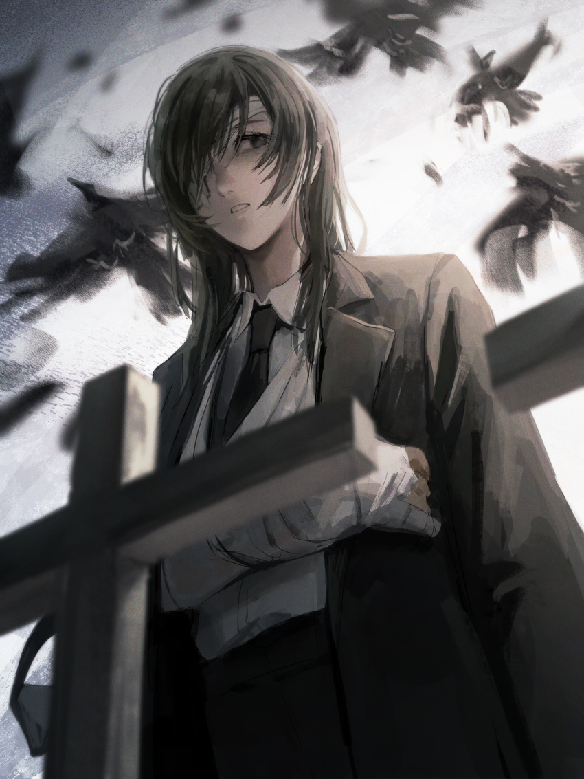 1girl absurdres animal ao_desu2222 arm_sling bandage_over_one_eye bandages bird black_eyes black_hair black_necktie black_pants chainsaw_man collared_shirt cross flying formal highres himeno_(chainsaw_man) injury medium_hair necktie outdoors pants parted_lips shirt shirt_tucked_in solo standing suit tombstone white_shirt