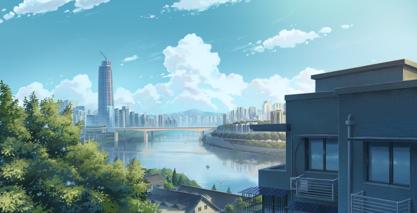 absurdres balcony blue_sky bridge building chinese_commentary city cityscape cloud commentary crane_(machine) day didikaka highres house lamppost no_humans original outdoors river scenery sky skyscraper tree water window