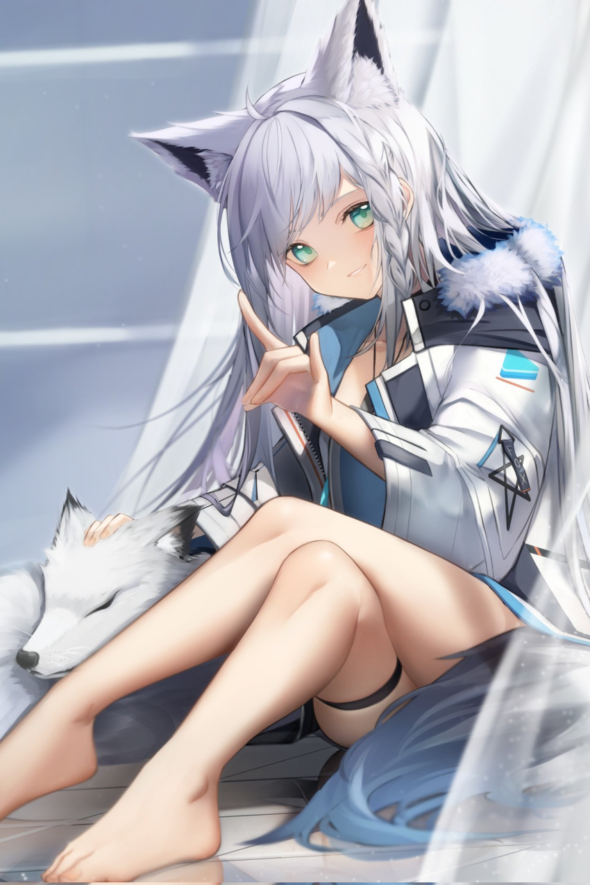 1girl animal_ear_fluff animal_ears bangs bare_legs blush braid crossed_legs curtains dog_tags extra_ears fox fox_ears fox_girl fox_shadow_puppet fox_tail green_eyes hair_between_eyes hand_on_another's_head highres hololive jacket long_hair looking_at_viewer open_clothes open_jacket pentagram pero_(peroneko0510) shirakami_fubuki sidelocks single_braid smile tail thigh_strap virtual_youtuber white_hair white_jacket