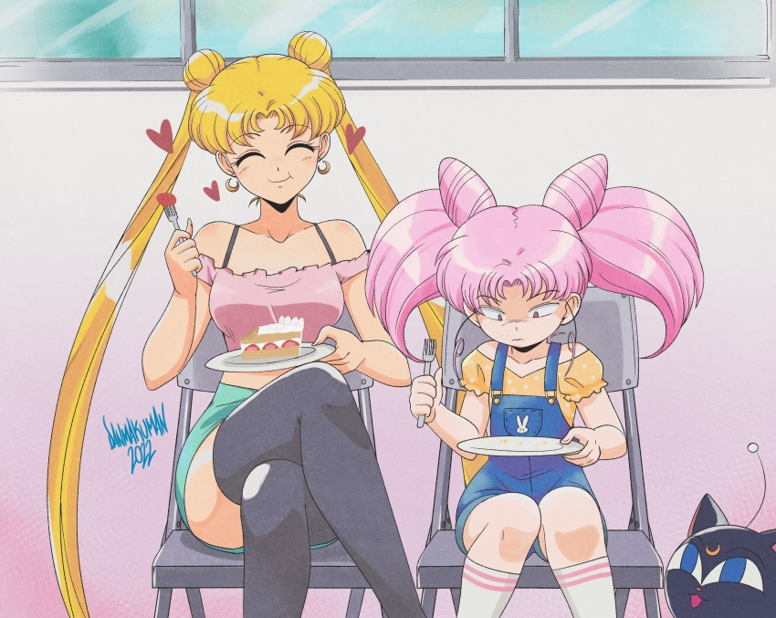 2022 2girls absurdres bishoujo_senshi_sailor_moon blonde_hair blue_eyes bra_strap breasts cake chair chibi_usa cone_hair_bun crescent crescent_earrings crop_top crossed_legs danmakuman double_bun earrings eating empty_plate fighting folding_chair food fork grabbing_another's_hair green_skirt hair_bun heart highres jewelry kneehighs long_hair looking_at_object luna-p medium_breasts midriff miniskirt multiple_girls navel off-shoulder_shirt off_shoulder overalls pencil_skirt pink_eyes pink_hair plate shaded_face shirt signature sitting skirt socks thighhighs tsukino_usagi twintails very_long_hair window zettai_ryouiki