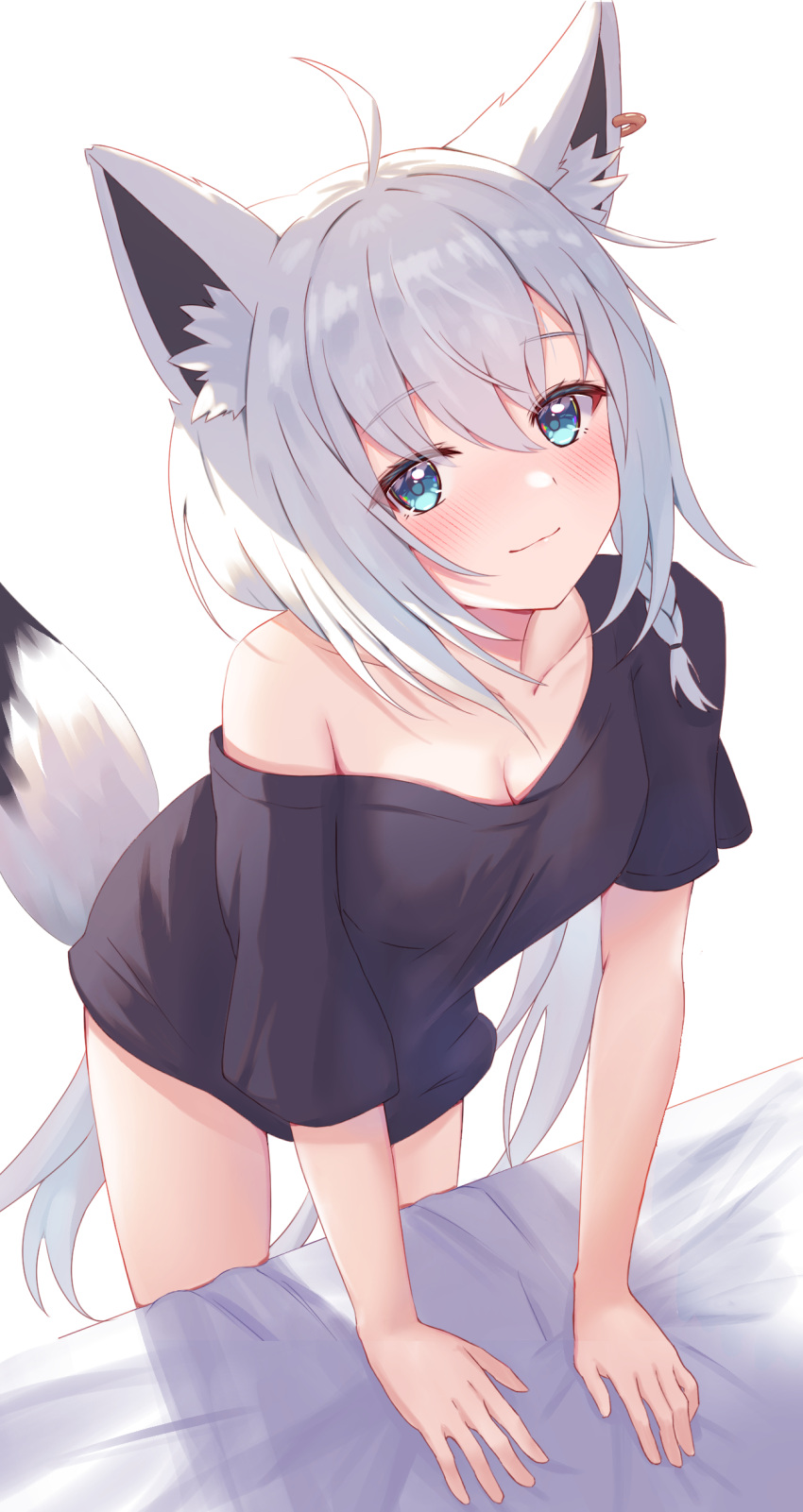 1girl absurdres ahoge animal_ear_fluff animal_ears bangs bed black_shirt blush braid breasts cleavage collarbone commentary_request earrings fox_ears fox_girl fox_tail green_eyes hair_between_eyes highres hololive jewelry leaning_forward long_hair looking_at_viewer no_pants shirakami_fubuki shirt short_sleeves sidelocks single_braid smile solo tail thorny virtual_youtuber white_hair