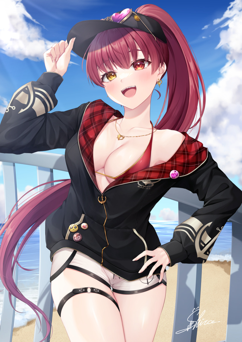 1girl :d absurdres baseball_cap bikini black_jacket blue_sky breasts cloud day dolphin_shorts earrings hand_on_hip hat heterochromia highres hololive houshou_marine jacket jewelry medium_breasts nagura_shiro necklace official_alternate_costume outdoors plaid ponytail red_eyes red_hair shorts sky smile solo swimsuit teeth thigh_strap virtual_youtuber white_shorts yellow_eyes