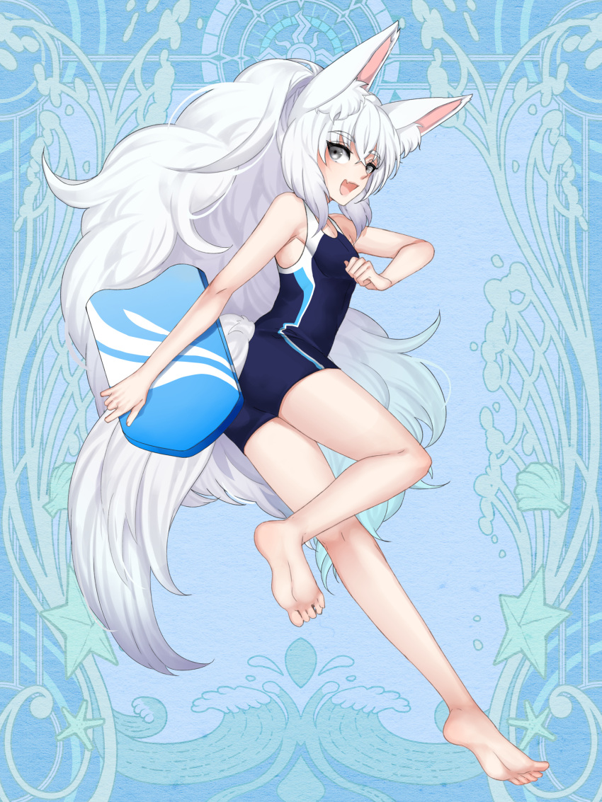 1girl :d animal_ear_fluff animal_ears barefoot blue_background breasts chitose_sakura_(dairoku_youhei) dairoku_ryouhei full_body grey_eyes highres holding_kickboard kickboard long_hair looking_at_viewer one-piece_swimsuit small_breasts smile solo swimsuit tail very_long_hair yodukir