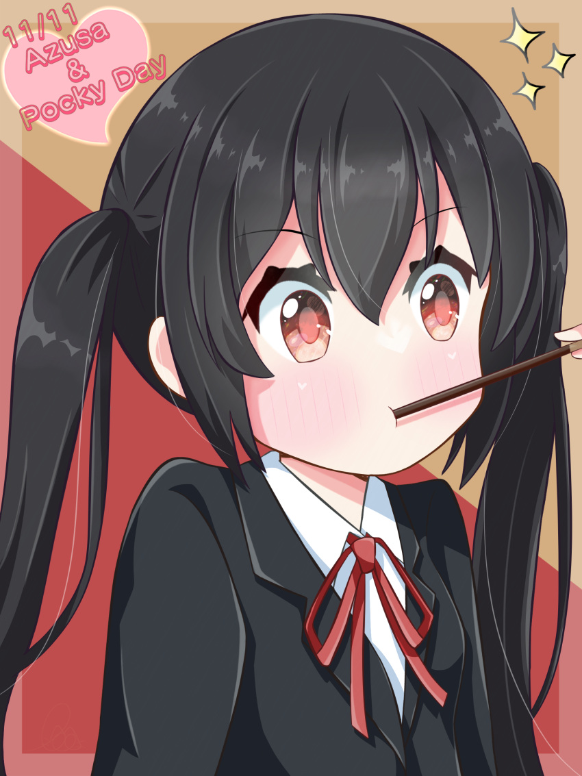 1girl 1other absurdres bangs beenyan_1203 black_hair black_jacket blazer brown_eyes character_name collared_shirt commentary_request dated food_in_mouth hair_between_eyes highres jacket k-on! long_hair mouth_hold nakano_azusa neck_ribbon pocky_day red_ribbon ribbon sakuragaoka_high_school_uniform school_uniform shirt sidelocks solo_focus twintails upper_body white_shirt