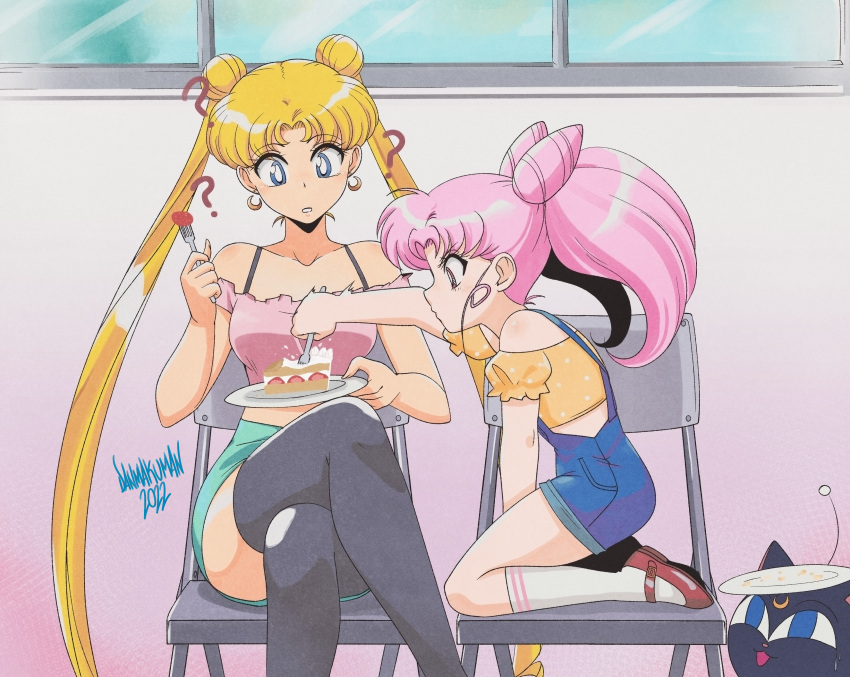 2022 2girls ? ?? absurdres bishoujo_senshi_sailor_moon blonde_hair blue_eyes bra_strap breasts cake chair chibi_usa cone_hair_bun crescent crescent_earrings crop_top crossed_legs danmakuman double_bun earrings eating fighting folding_chair food fork grabbing_another's_hair green_skirt hair_bun heart highres jewelry kneehighs kneeling long_hair luna-p medium_breasts midriff miniskirt multiple_girls navel off-shoulder_shirt off_shoulder overalls pencil_skirt pink_eyes pink_hair plate shaded_face shirt signature sitting skirt socks thighhighs tsukino_usagi twintails very_long_hair window zettai_ryouiki