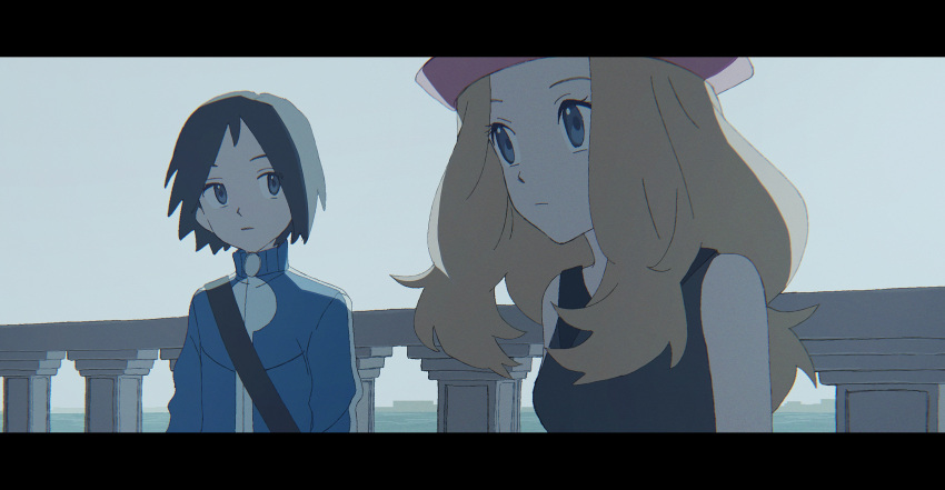 1boy 1girl asagiri_kogen black_hair blue_jacket brown_hair calem_(pokemon) closed_mouth collared_shirt day fence grey_eyes hat highres jacket letterboxed long_hair outdoors pokemon pokemon_(game) pokemon_xy serena_(pokemon) shirt short_hair sleeveless sleeveless_shirt strap turtleneck turtleneck_jacket upper_body