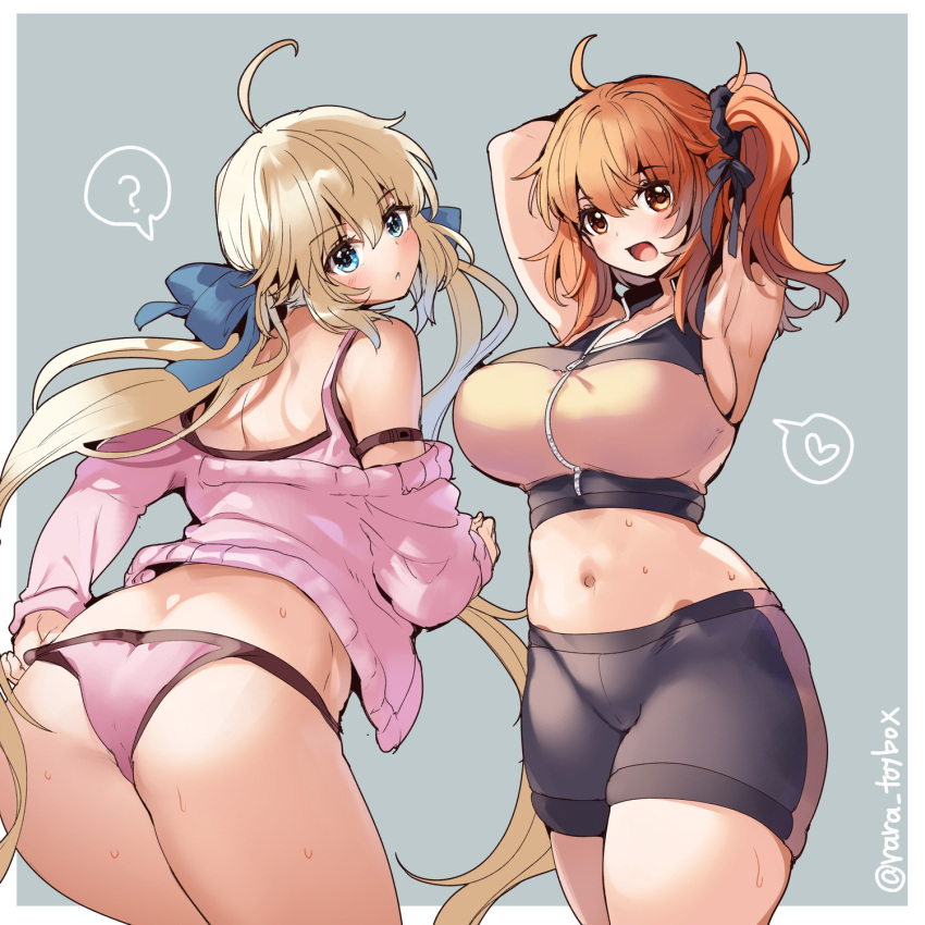 2girls ahoge armpits arms_behind_head arms_up artoria_caster_(counter_stretch)_(fate) artoria_caster_(fate) artoria_pendragon_(fate) ass bangs bare_shoulders blonde_hair blush breasts collarbone fate/grand_order fate_(series) fujimaru_ritsuka_(female) green_eyes highres large_breasts long_hair looking_at_viewer looking_back multiple_girls navel one_side_up open_mouth orange_eyes orange_hair panties pink_panties ruri_rarako short_hair sweat thighs twintails underwear