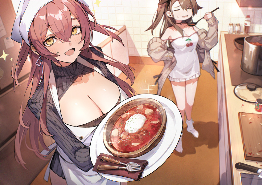 2girls alternate_costume azur_lane black_sweater breasts brown_hair brown_sweater cardigan cleavage cleavage_cutout closed_eyes clothing_cutout highres holding holding_tray indoors kitchen large_breasts long_hair long_sleeves looking_at_viewer mephist multiple_girls official_alternate_costume open_cardigan open_clothes open_mouth orange_hair pamiat_merkuria_(azur_lane) pamiat_merkuria_(caged_minx)_(azur_lane) sparkle sweater tray volga_(azur_lane) white_footwear yellow_eyes