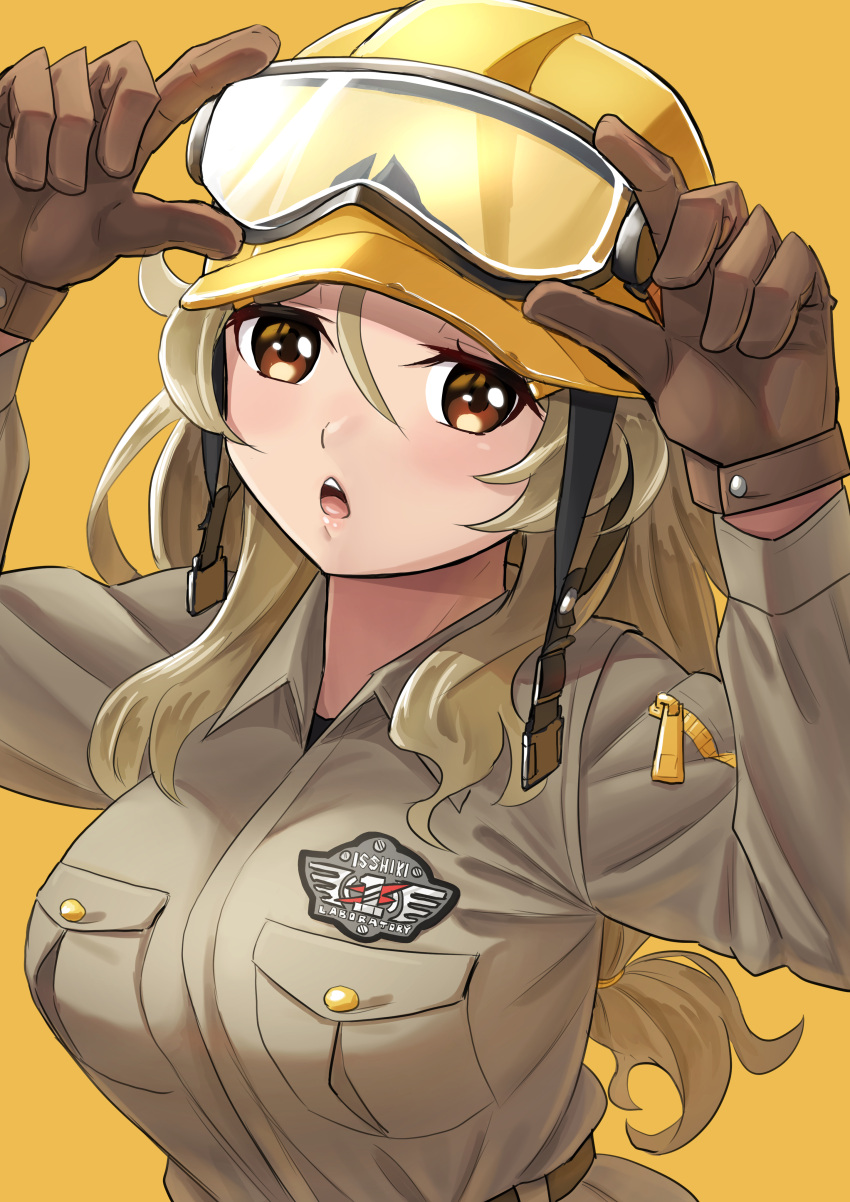 1girl absurdres badge breasts brown_eyes brown_gloves brown_hair brown_jumpsuit construction_worker gloves hardhat hasegawa_(hase_popopo) helmet highres jumpsuit large_breasts long_hair looking_at_viewer shinomiya_himawari simple_background solo upper_body vividred_operation yellow_background