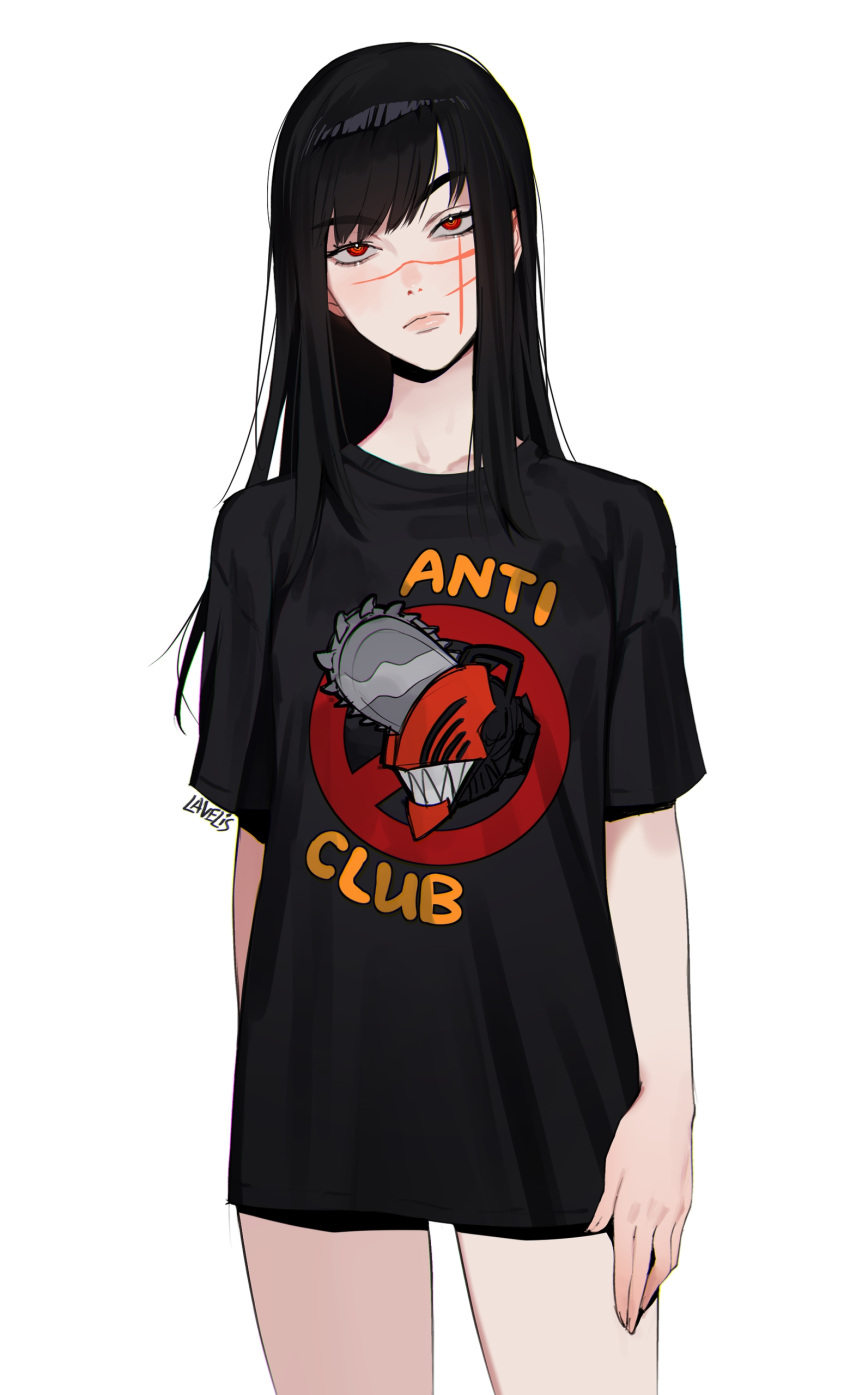 1boy 1girl absurdres artist_name black_hair black_shirt chainsaw_man closed_mouth denji_(chainsaw_man) expressionless half-closed_eyes highres lavelis long_hair red_eyes scar scar_on_face sharp_teeth shirt short_sleeves t-shirt teeth war_devil_(chainsaw_man) white_shirt yoru_(chainsaw_man)