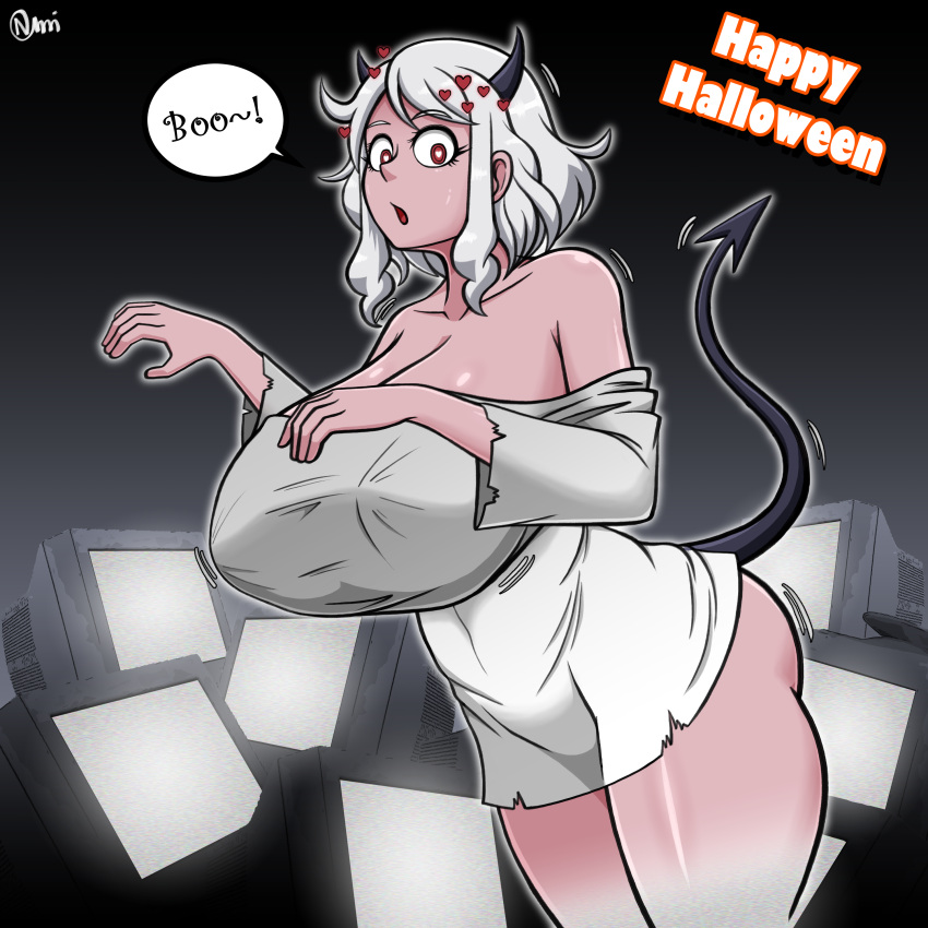 absurd_res big_breasts breasts clothed clothing demon demon_humanoid female hair helltaker hi_res huge_breasts humanoid modeus_(helltaker) normi not_furry spade_tail white_hair