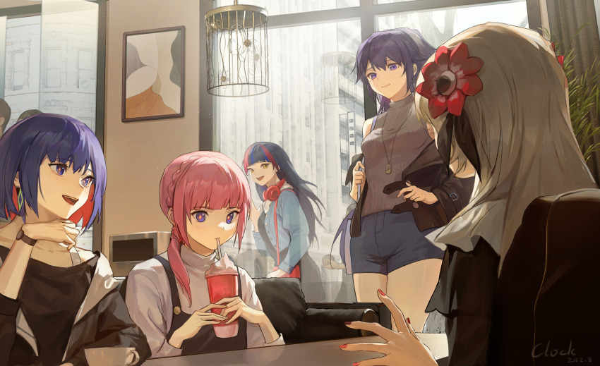5girls :d absurdres apron bag bangs black_apron black_jacket black_skirt blue_hair blue_jacket blue_shorts braid building cafe casual closed_mouth colored_inner_hair commentary_request couch cup dated diamond-shaped_pupils diamond_(shape) drink drinking_straw flower grey_hair grey_sweater hair_flower hair_ornament harusaruhi headphones headphones_around_neck highres indoors isekai_joucho jacket jewelry kaf_(kamitsubaki_studio) kamitsubaki_studio koko_(kamitsubaki_studio) long_hair long_sleeves medium_hair milkshake multicolored_hair multiple_girls necklace off_shoulder open_clothes open_jacket open_mouth people photo_(object) pink_hair plant potted_plant purple_eyes red_hair red_nails rim_(kamitsubaki_studio) shirt shorts shoulder_bag signature skirt sleeveless sleeveless_sweater smile streaked_hair sweater symbol-shaped_pupils talking turtleneck virtual_youtuber watch white_shirt window wristwatch yellow_eyes zhongmu