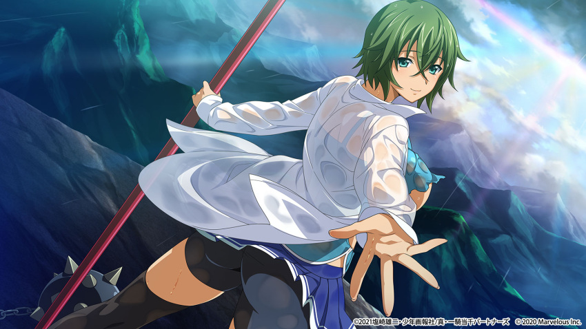 1girl bangs bike_shorts black_shorts black_thighhighs blue_skirt breasts closed_mouth day dress_shirt green_eyes green_hair hair_between_eyes highres holding holding_weapon ikkitousen kyocho_chuukou large_breasts looking_at_viewer looking_back miniskirt mountain official_art open_clothes open_shirt outdoors pleated_skirt shiny shiny_hair shirt short_hair short_shorts shorts shorts_under_skirt sideboob skirt smile solo spike_ball sunlight thighhighs torn_clothes torn_shirt weapon wet wet_clothes wet_hair wet_shirt white_shirt zettai_ryouiki