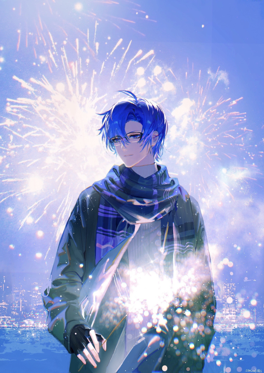 1boy aerial_fireworks ahoge bangs bishounen black-framed_eyewear black_gloves black_jacket blue_eyes blue_hair blue_scarf building chinese_commentary city city_lights cityscape closed_mouth commentary_request expressionless fingerless_gloves fireworks for_all_time glasses gloves hair_between_eyes highres jacket long_sleeves looking_at_viewer male_focus mole mole_under_eye night open_clothes open_jacket outdoors parted_bangs plaid plaid_scarf scarf short_hair si_lan signature solo standing sweater turtleneck turtleneck_sweater wanyou0113 water white_sweater