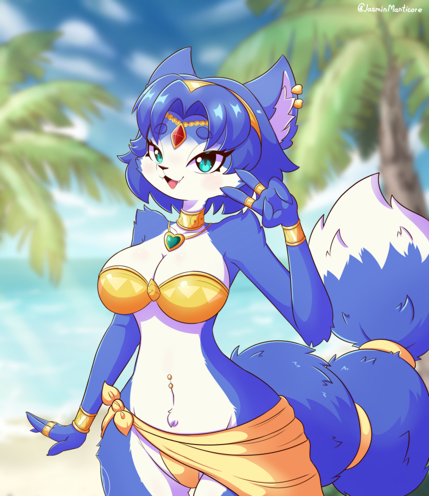 &lt;3 &lt;3_necklace 4_fingers :3 absurd_res anthro bare_shoulders beach big_breasts big_ears bikini blue_body blue_fur blue_hair blush bottomwear breasts canid canine canis choker cleavage clothed clothing collar cute_expression cute_fangs digital_media_(artwork) ear_piercing ear_ring fangs female fingers fox fur gesture hair heart_jewelry heart_necklace hi_res jasminthemanticore jewelry krystal loincloth mammal markings navel navel_piercing necklace nintendo open_:3 open_mouth outside palm_tree panties piercing plant ring ring_piercing sand sarong seaside short_snout sky solo star_fox swimwear teeth tongue tree tribal tribal_markings underwear v_sign video_games water white_body white_fur