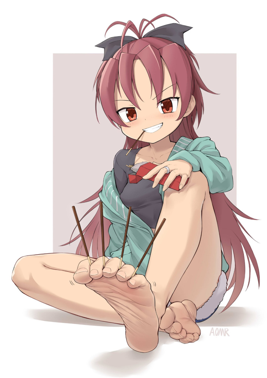 1girl aomoro barefoot between_toes commentary feet food food_on_toes foot_focus foot_hold highres hood hoodie jewelry mahou_shoujo_madoka_magica off_shoulder pocky pocky_in_mouth ponytail red_eyes red_hair ring sakura_kyouko shorts signature simple_background sitting smile soles symbol-only_commentary toes