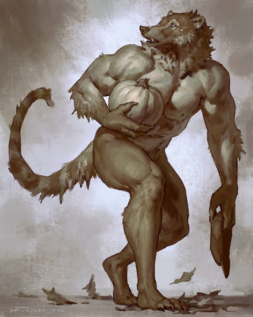 2022 4:5 4_toes 5_fingers abs anthro biceps biped claws coati fangs feet fingers food fruit fur greyscale hi_res male mammal monochrome multicolored_body muscular muscular_anthro muscular_male nipples nude open_mouth pecs plant plantigrade procyonid pumpkin sharp_teeth simple_background solo taran_fiddler teeth toes whiskers white_body