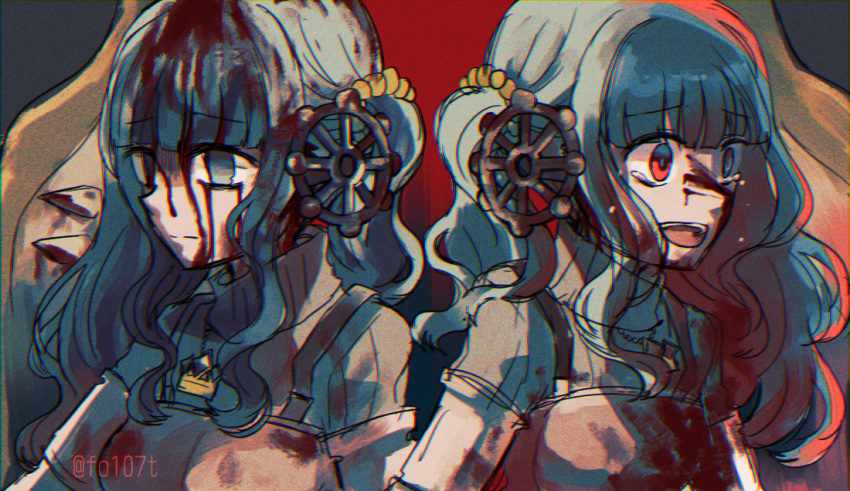 2girls :d alternate_eye_color aqua_eyes aqua_gemstone aqua_hair aqua_sweater armor blood blood_in_hair blood_on_clothes blood_on_face breastplate closed_mouth crazy_smile crown_(symbol) crying crying_with_eyes_open dual_persona empty_eyes futaba_sana jewelry long_hair magia_record:_mahou_shoujo_madoka_magica_gaiden magical_girl mahou_shoujo_madoka_magica multiple_girls necklace open_mouth portrait red_eyes ribbed_sweater sad sidelocks smile sweater tears totte turtleneck turtleneck_sweater twitter_username wavy_hair wheel_hair_ornament