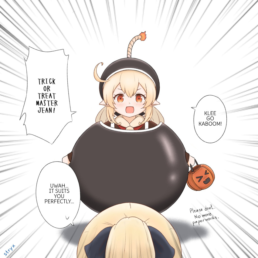 2girls :d ahoge alternate_costume bangs basket blonde_hair bomb bow commentary english_commentary english_text fuse genshin_impact hair_between_eyes hair_bow hair_ribbon halloween_costume highres holding holding_basket jack-o'-lantern jean_(genshin_impact) klee_(genshin_impact) light_brown_hair long_hair long_sleeves looking_at_another looking_at_viewer low_twintails multiple_girls orange_eyes out_of_frame outstretched_arms pointy_ears ponytail ribbon sidelocks simple_background smile speech_bubble spread_arms stryx twintails white_background