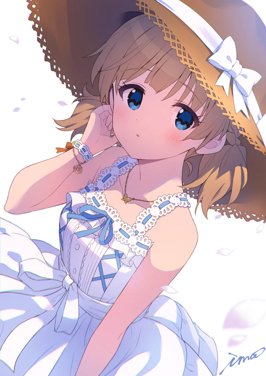 1girl bangs blue_eyes blue_ribbon blush bow breasts brown_hair brown_headwear butterfly_necklace collarbone commentary dot_nose dress eyelashes female_child flower_bracelet hand_up hat highres idolmaster idolmaster_million_live! idolmaster_million_live!_theater_days ima_(lm_ew) looking_at_viewer official_alternate_costume official_alternate_hairstyle parted_lips petals ribbed_hat ribbon ribbon-trimmed_dress short_hair short_twintails signature sleeveless small_breasts solo straw_hat suou_momoko twintails waist_bow white_background white_dress white_ribbon wrist_cuffs