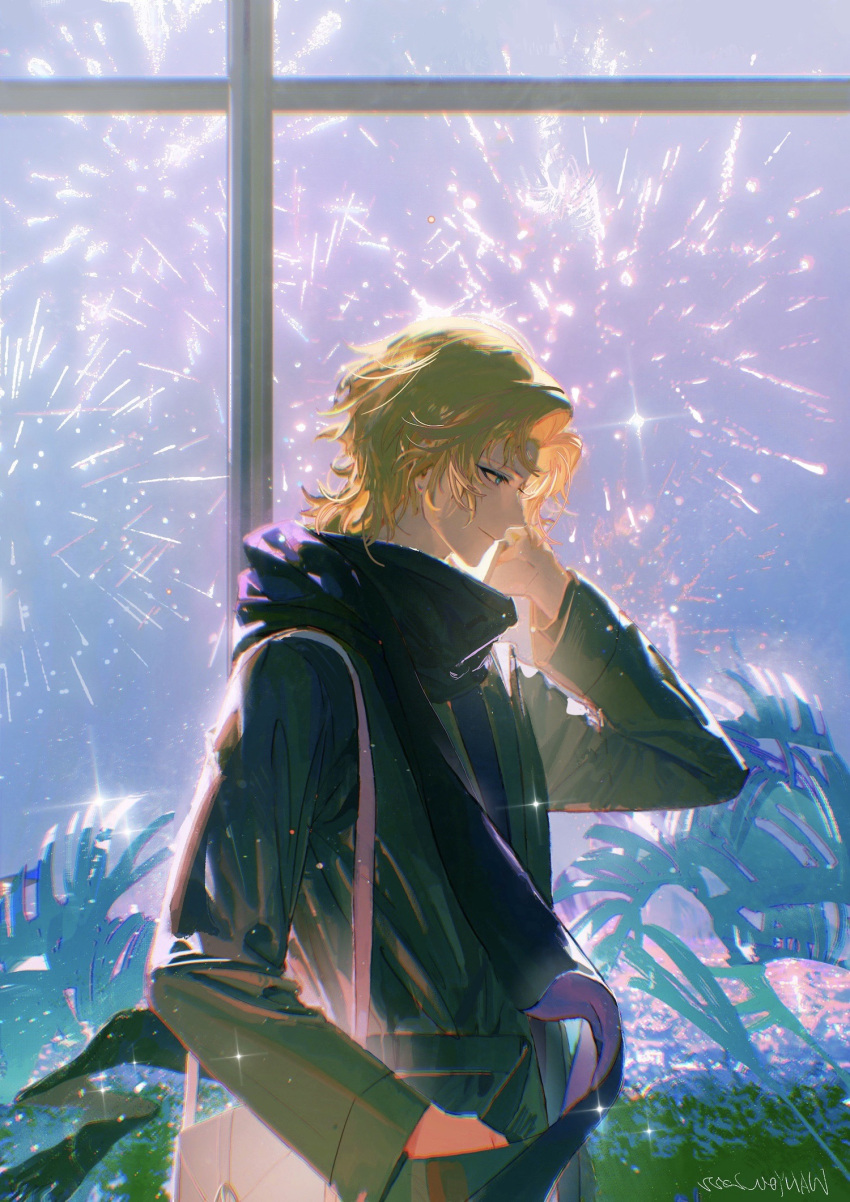 1boy aerial_fireworks bag bangs bishounen blonde_hair chinese_commentary closed_mouth coat commentary_request eyelashes fireworks for_all_time glint green_eyes grey_coat hand_in_pocket hand_up highres indoors long_sleeves looking_down luo_xia male_focus night parted_bangs plant profile purple_scarf scarf short_hair shoulder_bag sidelocks signature sky smile solo wanyou0113 white_bag window