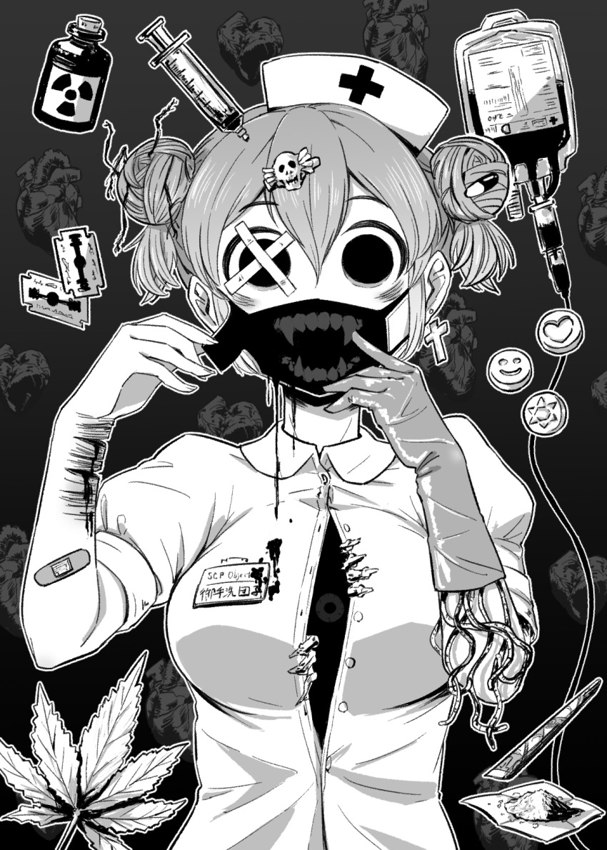 1girl 4shi bandaid bandaid_on_arm blade blank_eyes bottle cross cross_earrings cuts dango-chan_(4shi) double_bun earrings fading gloves grey_background grey_hair hair_bun hair_ornament hat heart highres injury jewelry label leaking liquid looking_at_viewer marijuana monochrome needle nurse nurse_cap one-eyed open_mouth original peeking peeking_out pill powder puffy_short_sleeves puffy_sleeves razor_blade realistic sharp_teeth short_hair short_sleeves single_glove skull skull_hair_ornament smile sun_symbol teeth