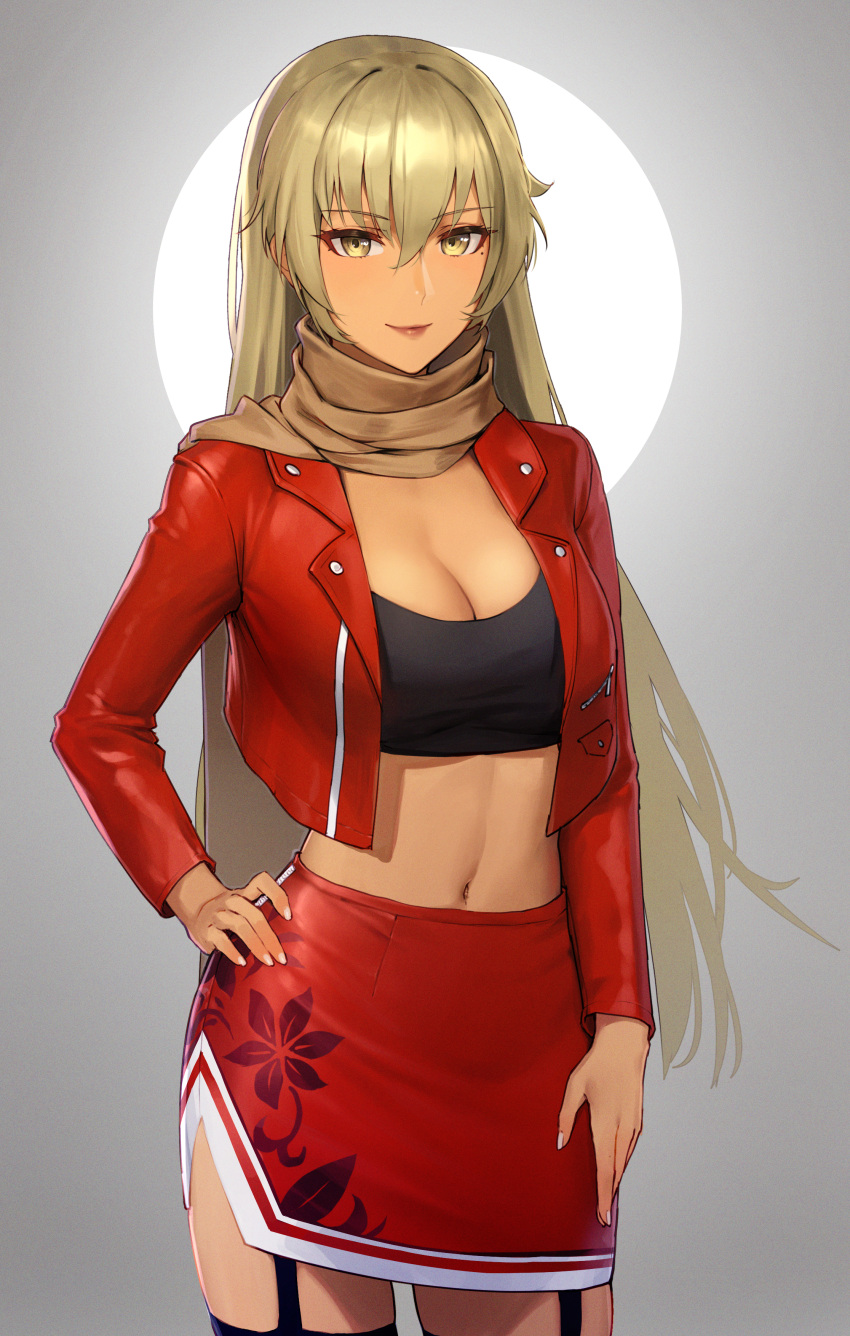 1girl absurdres alaskastomatoez alternate_costume black_tank_top blonde_hair breasts brown_scarf cleavage commission dark-skinned_female dark_skin fire_emblem fire_emblem:_the_binding_blade highres igrene_(fire_emblem) jacket large_breasts long_hair looking_at_viewer mole mole_under_eye red_jacket red_leather red_skirt scarf simple_background skirt solo tank_top yellow_eyes