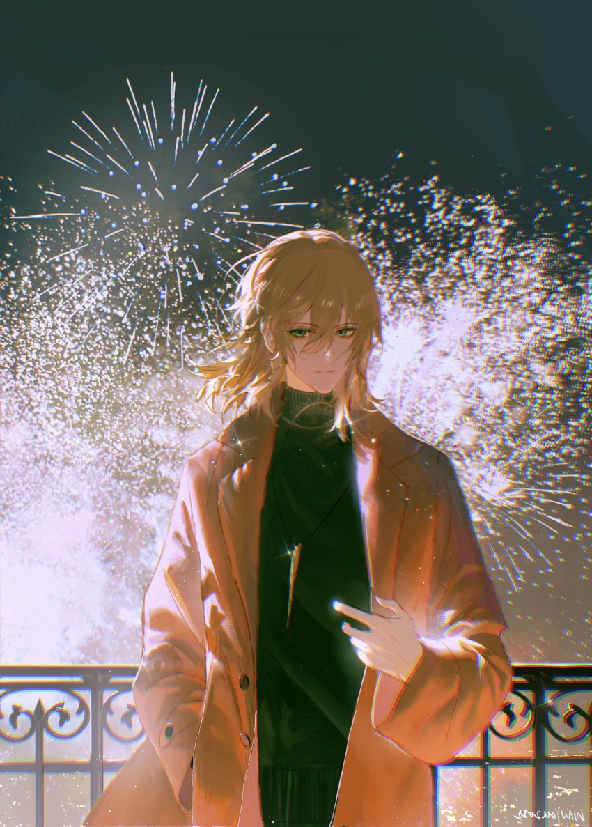 1boy aerial_fireworks bangs bishounen black_sweater buttons chinese_commentary closed_mouth coat commentary_request eyelashes fireworks for_all_time glint green_eyes hair_between_eyes hand_in_pocket hand_up highres jewelry light_brown_hair long_sleeves looking_at_viewer luchen male_focus medium_hair necklace night open_clothes open_coat orange_coat outdoors railing sidelocks signature solo sweater turtleneck turtleneck_sweater wanyou0113