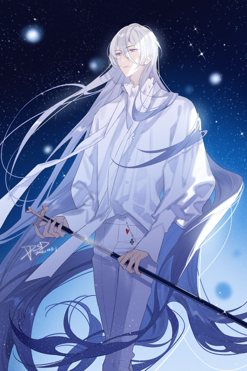 1boy bangs bishounen buttons chain closed_mouth club_(shape) dated expressionless eyelashes floating_hair for_all_time frilled_shirt frills hair_between_eyes heart highres holding long_hair long_sleeves male_focus night night_sky pants psd_(psdgai) puffy_long_sleeves puffy_sleeves purple_eyes ribbon shiny shiny_hair shirt shirt_tucked_in sidelocks signature sky solo standing star_(sky) starry_sky very_long_hair white_hair white_pants white_ribbon white_shirt yexuan
